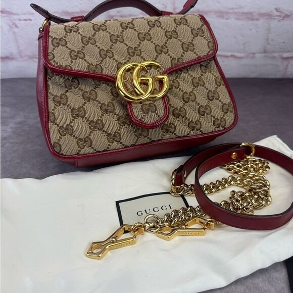 Gucci Marmont Matelasse Top Handle GG Khaki Red Shoulder Bag - Picture 12 of 13